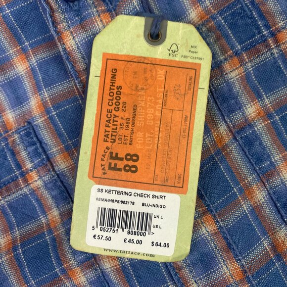 Fat Face Short Sleeve Kettering Check Shirt Men's Large Button Up Blue Indigo - Picture 5 of 12